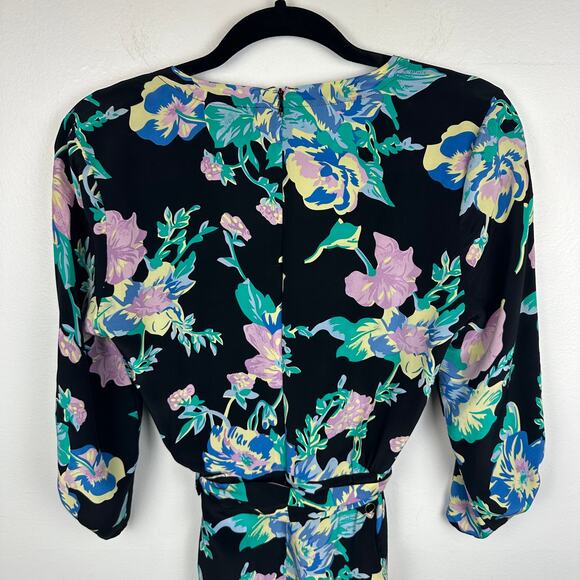 Yumi Kim Womens V-Neck 3/4 Sleeve Floral Roll Tab Teal/Black Short Romper Small - Picture 5 of 7